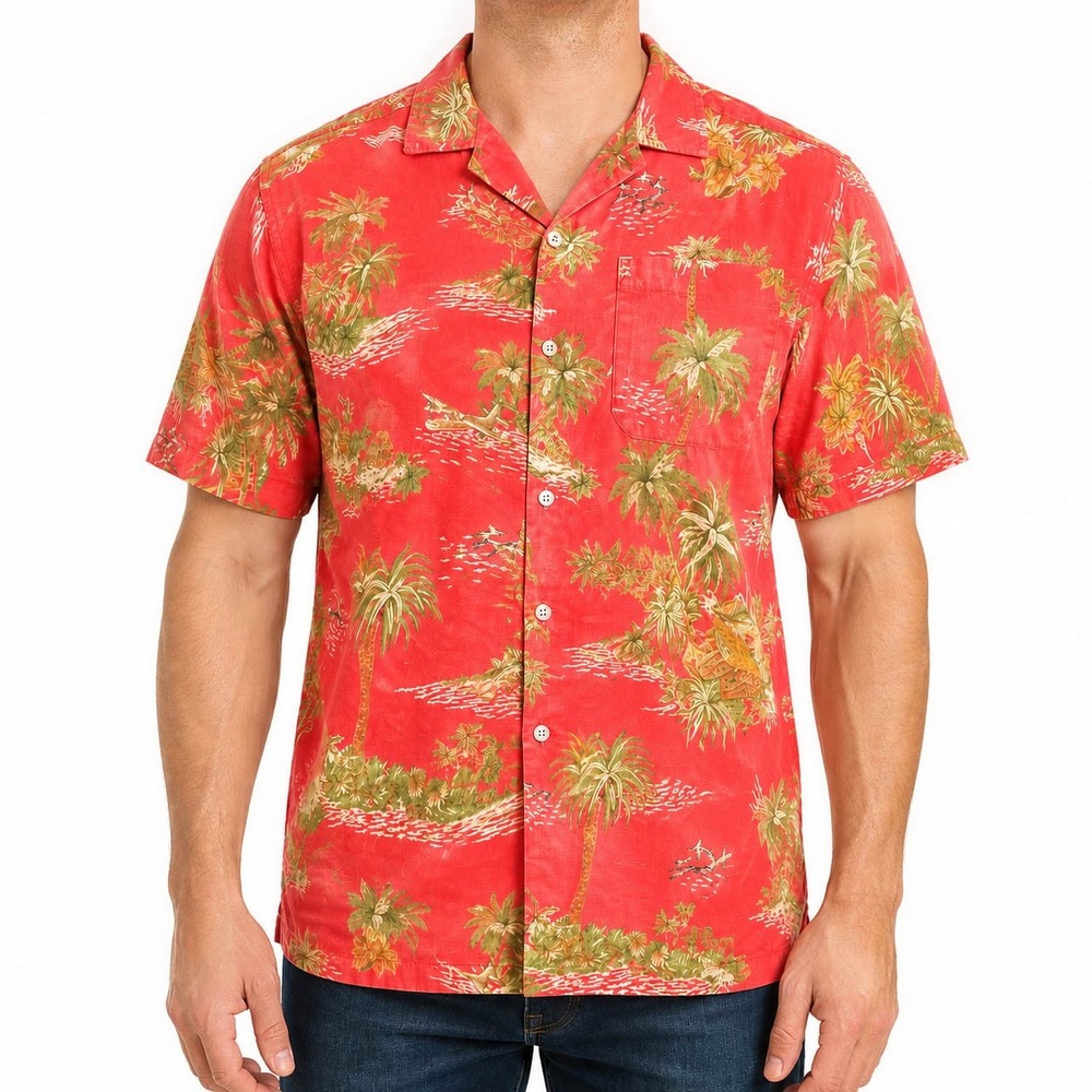 Tori Richard Mens Red Tropical Island Palm Tree Viscose Aloha Shirt L 0403-3313